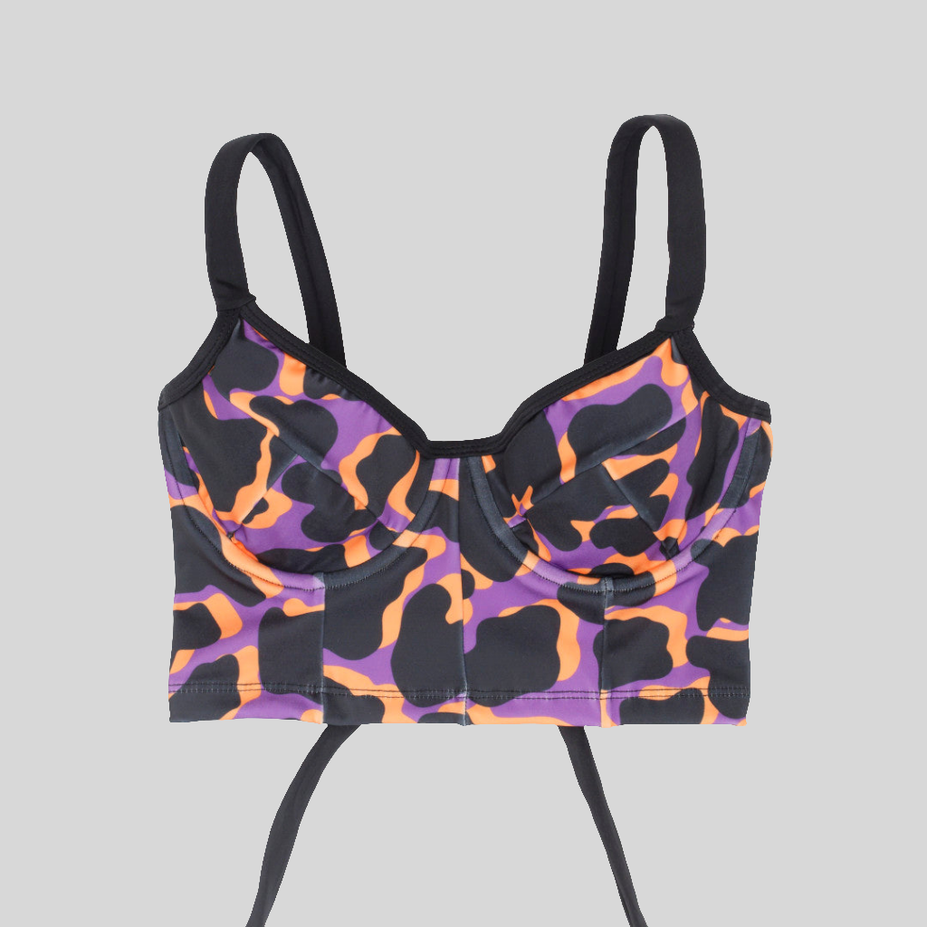 Bustier estampado de manchas naranjo con soporte, copas B a D — Kinibe