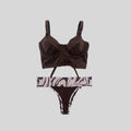 Bustier bikini café liso con copa y tanga faja estampada a juego — Kinibe