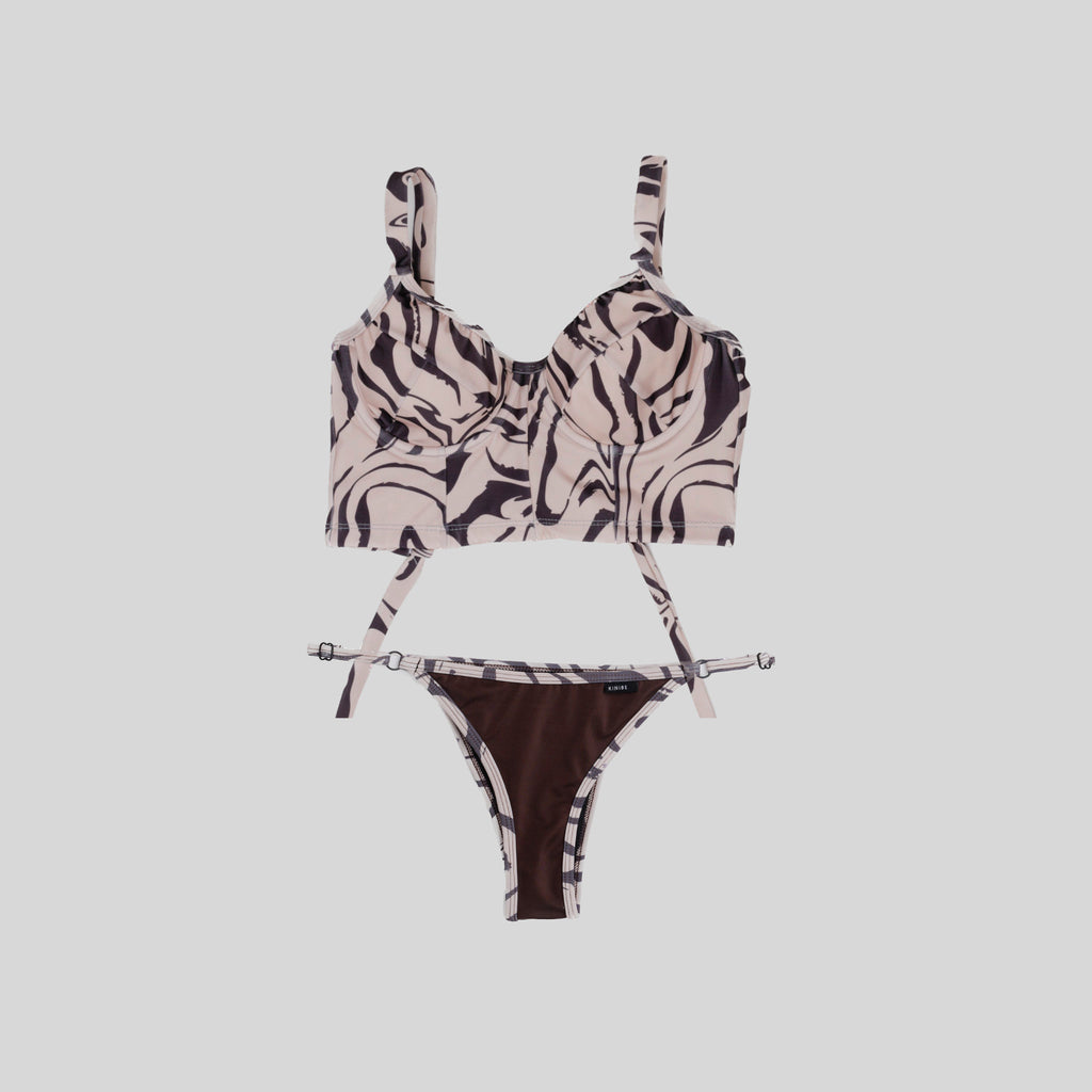 Bustier bikini con copa café estampado con tanga ajustable