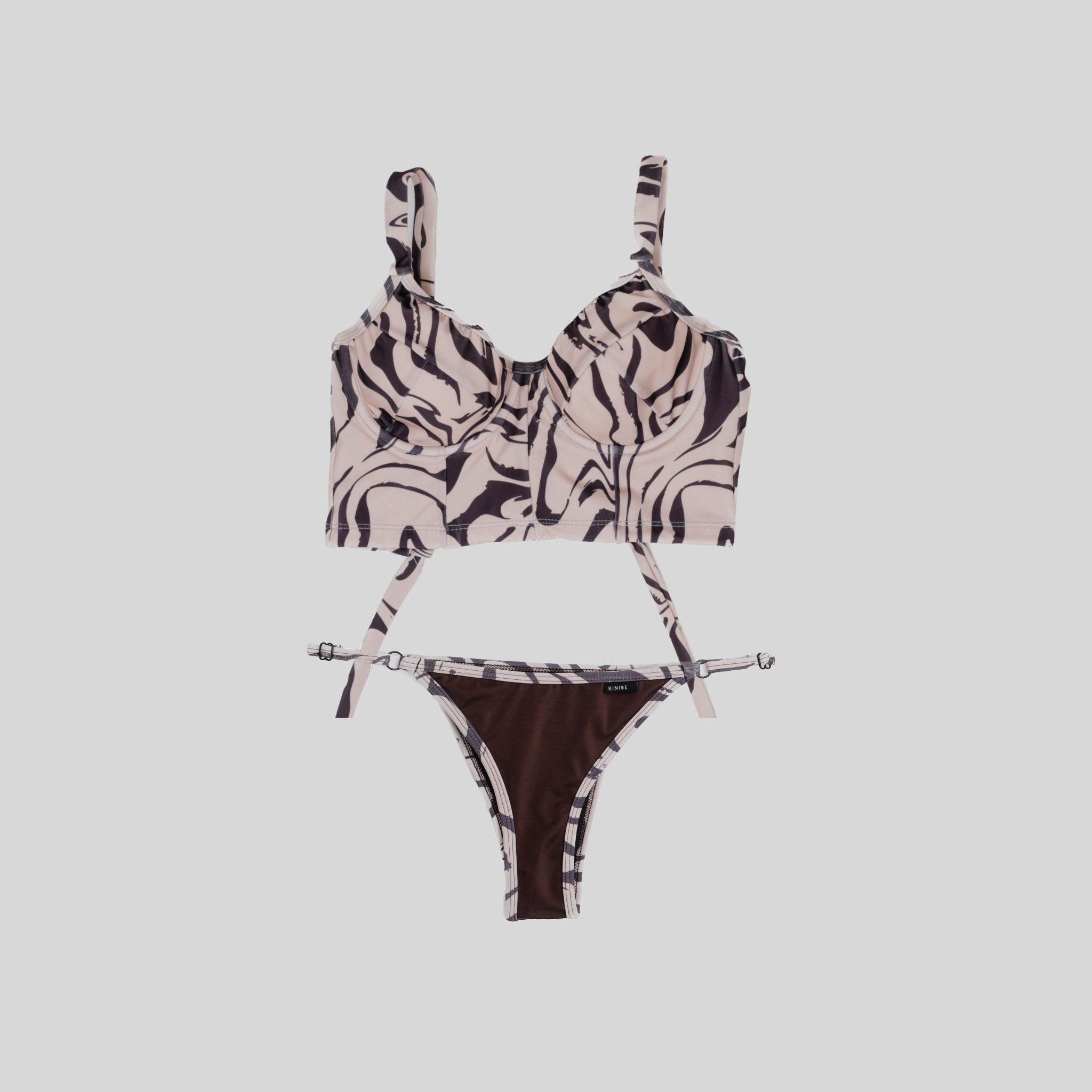 Bustier bikini con copa café estampado con tanga ajustable