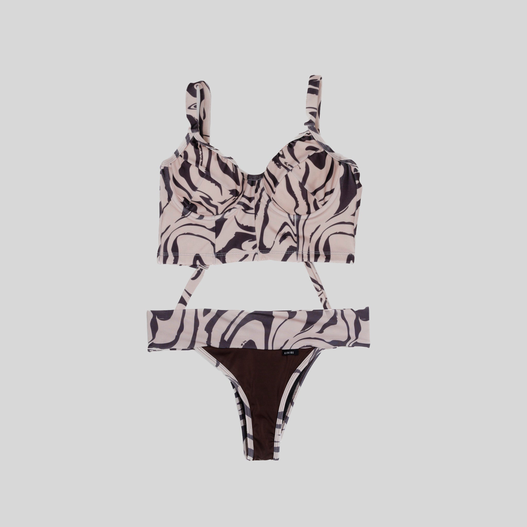 Bustier bikini con copa café estampado con tanga faja — Kinibe