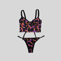 Bustier bikini con copa estampado de manchas morado y naranjo con tanga ajustable — Kinibe