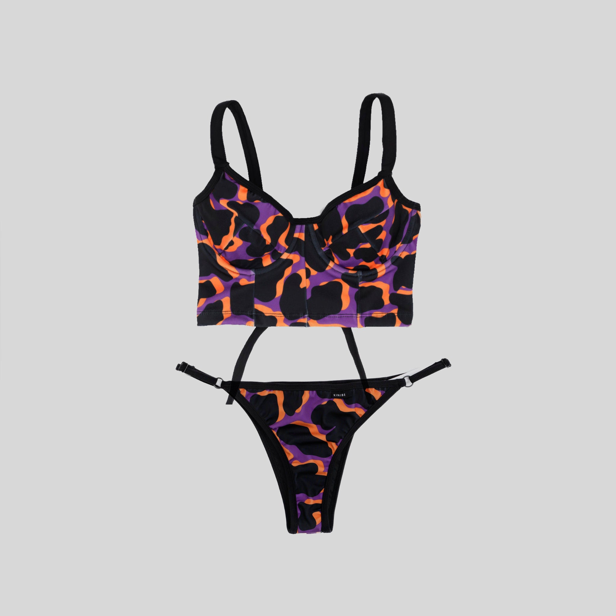Bustier bikini con copa estampado de manchas morado y naranjo con tanga ajustable — Kinibe