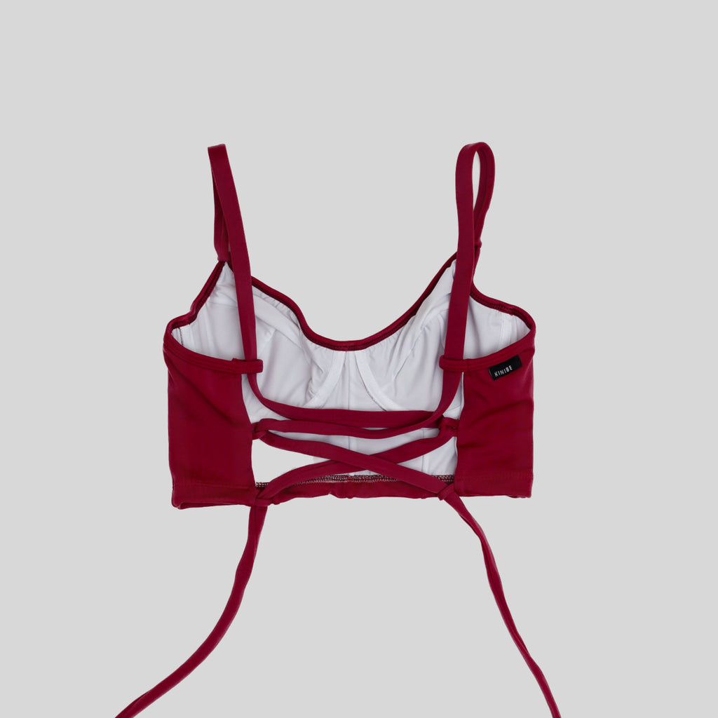 Bustier guinda cherry con soporte, copas B a D, vista espalda — Kinibe
