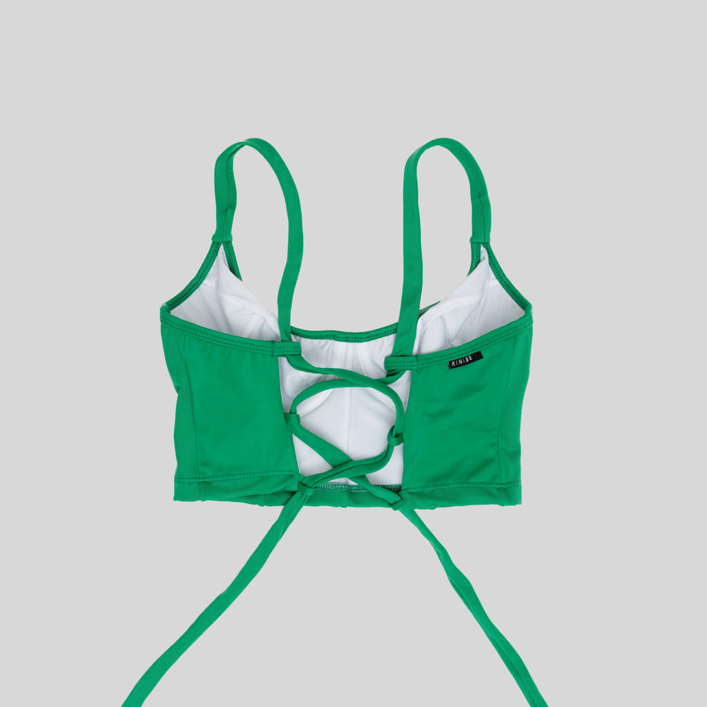 Bustier verde jade con soporte y barba, copas B a D, vista espalda ajustable — Kinibe