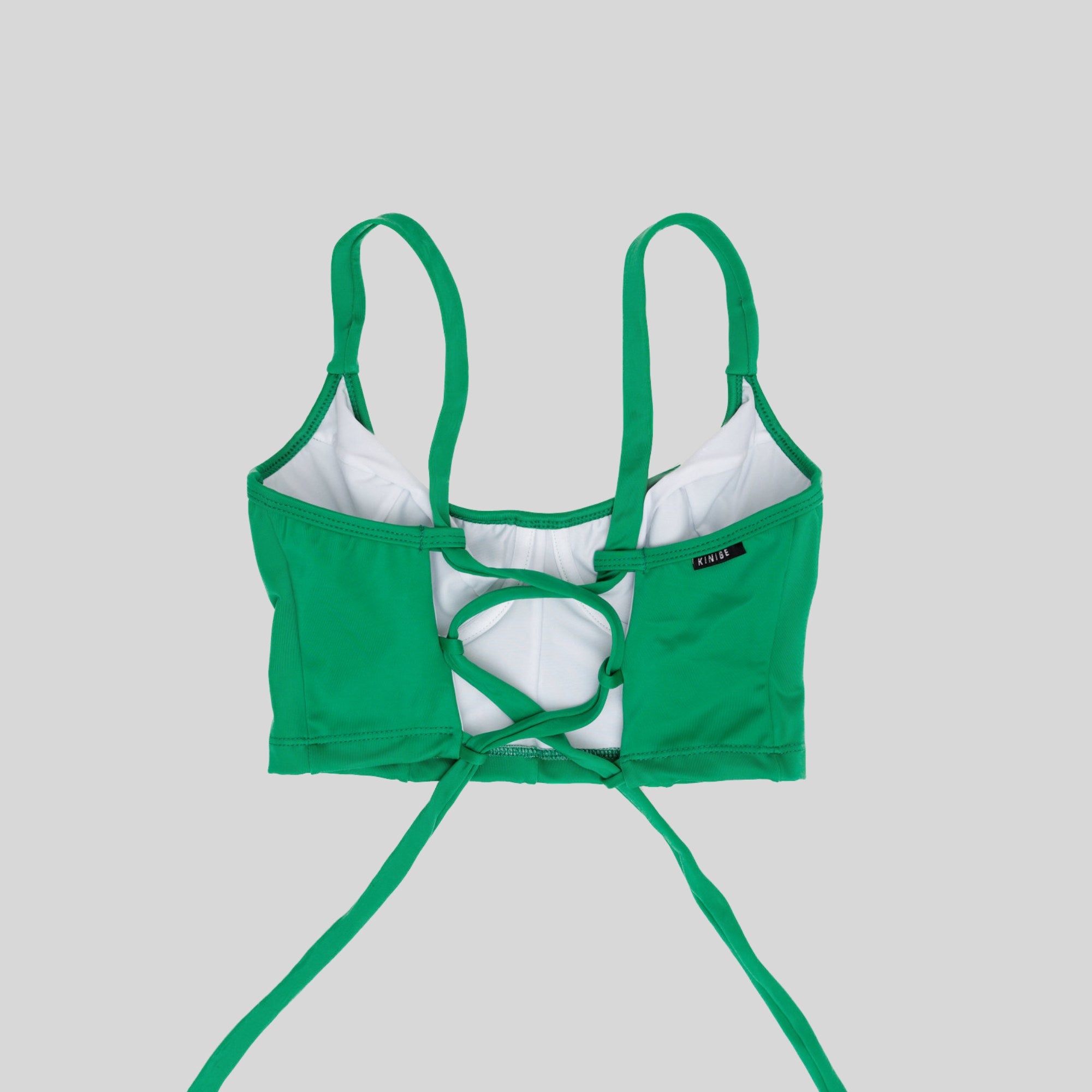 Bustier verde jade con soporte y barba, copas B a D, vista espalda ajustable — Kinibe